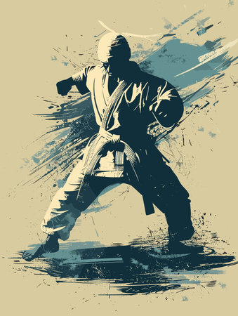 Man in a karate uniform is in the middle of a kick. The image has a blue and white color scheme and has a somewhat abstract feel to itのイラスト素材