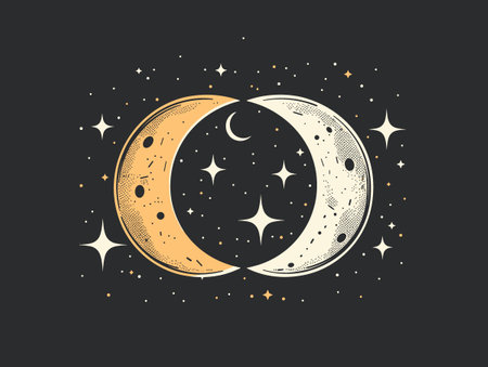 Crescent moon and stars in vintage style. Hand drawn vector illustration.のイラスト素材