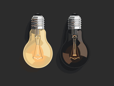 Illustration of two illuminated light bulbs isolated on a black background.のイラスト素材