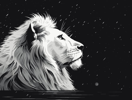Lion in the night sky. Black and white vector illustration.のイラスト素材
