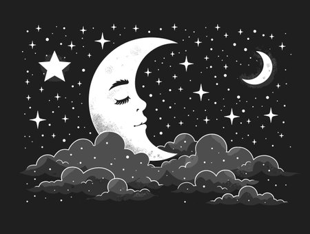 Night sky with moon and stars. Black and white vector illustration.のイラスト素材