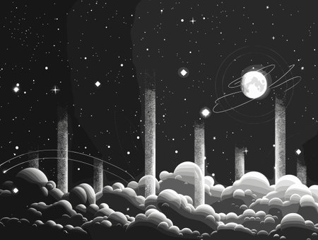 Illustration of the night sky with stars and clouds and the moonのイラスト素材
