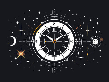 Vector illustration of clock face and constellations on black background.のイラスト素材