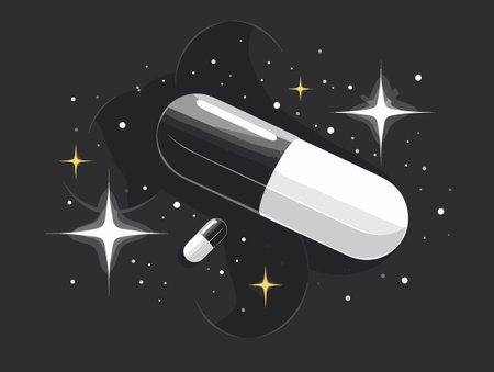 Illustration of a white pill on a dark background with stars.のイラスト素材