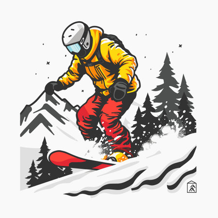 Man in a yellow jacket is snowboarding down a hill. The image has a fun and adventurous mood, as the man is enjoying his time on the snowboardのイラスト素材
