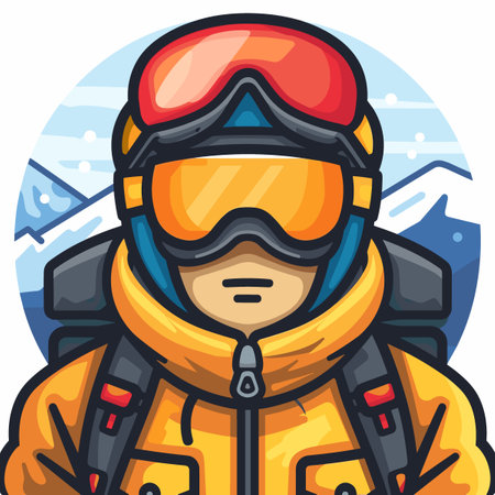 Person in a jacket and goggles is wearing a helmet. The image is of a snowboarder. The man is likely preparing to go snowboardingのイラスト素材