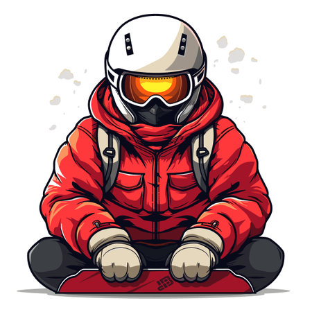 Person in a jacket and goggles is wearing a helmet. The image is of a snowboarder. The man is likely preparing to go snowboardingのイラスト素材