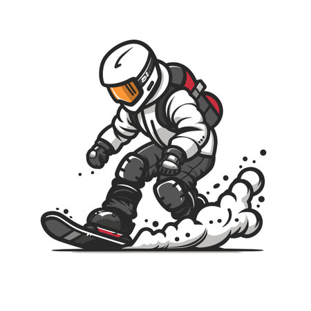 Man is snowboarding down a hill. The image has a fun and adventurous mood, as the man is enjoying his time on the snowboardのイラスト素材