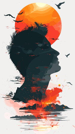 Man's silhouette is shown with a sun in the background. The man is surrounded by birds, and the sky is orange. Scene is serene and peaceful, with the sun and birds creating a sense of calmnessのイラスト素材