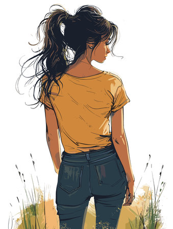 Girl with long hair is standing in a field. She is wearing a yellow shirt and blue jeansのイラスト素材