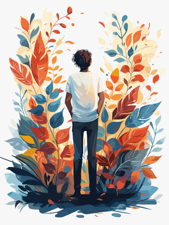 Vector illustration of young African American man standing and looking at autumn leaves.のイラスト素材