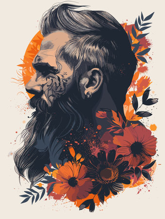 Vector illustration of a man with skull and flowers in grunge styleのイラスト素材