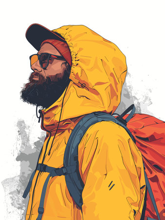 Man in a penny orange jacket with a red backpack. Stylish Vector Illustration.のイラスト素材