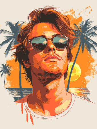 Man with a beard and sunglasses is the main subject of the image. The sunglasses are positioned above his nose, and his hair is styled in a way that makes him look cool and confidentのイラスト素材