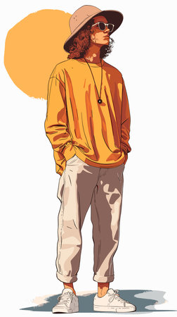 Stylish hipster guy in hat and sunglasses. Vector illustration.のイラスト素材