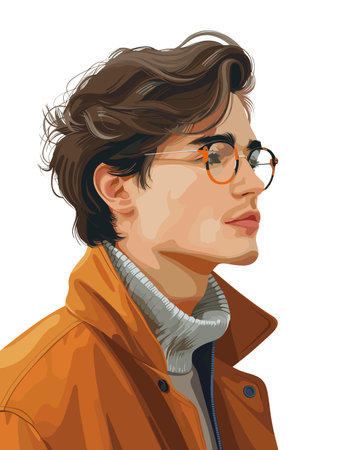 Portrait of young man in brown coat and glasses. Vector illustration.のイラスト素材