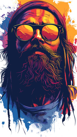 Hipster man with long hair, beard and sunglasses. Vector illustration.のイラスト素材