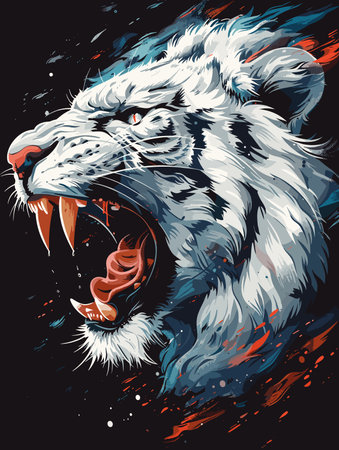 Vector illustration of a roaring tiger on a black background with grunge effects.のイラスト素材