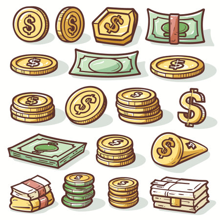 Dollars and coins icon set. Vector illustration for your designのイラスト素材