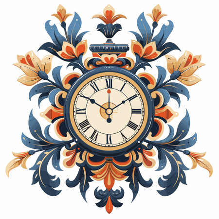 Vintage clock with floral ornament. Vector illustration in retro style.のイラスト素材