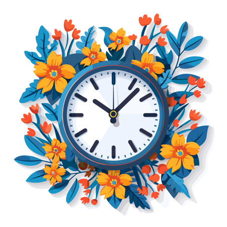 Daylight Saving Time (DST). Wall Clock and Flowers. Vector Illustration.のイラスト素材