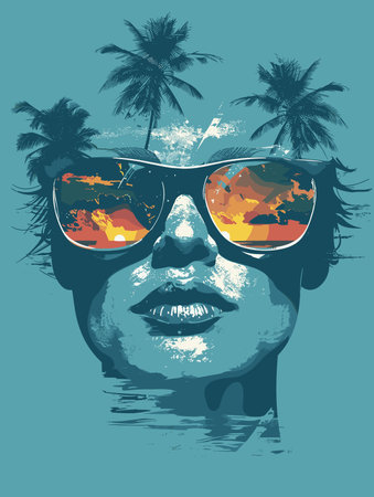 Vector illustration of a man with sunglasses and palm trees on the background.のイラスト素材