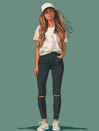 Beautiful young woman with long hair in casual clothes. Vector illustrationのイラスト素材