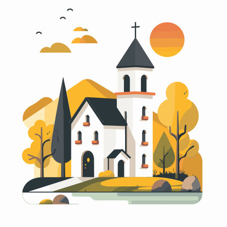 Church in the autumn forest. Flat design. Vector illustration, EPS 10のイラスト素材