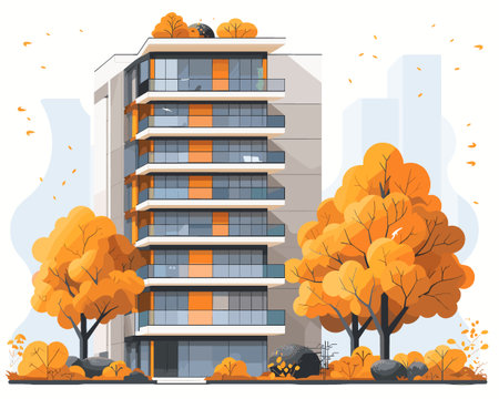 Modern apartment building and autumn trees. Vector illustration in flat style.のイラスト素材