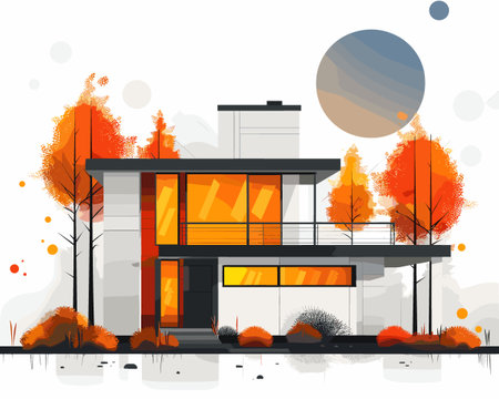 Modern cozy house with garage and pool for sale or rent. Vector illustration.のイラスト素材
