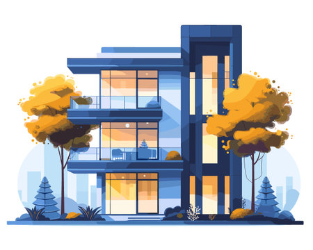 Modern building with trees and bushes in autumn. Flat style vector illustration.のイラスト素材