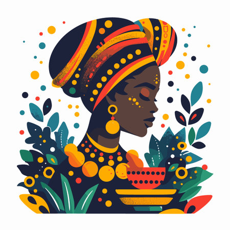 African woman in traditional clothes. Vector illustration of African woman with bowl and bowl.のイラスト素材