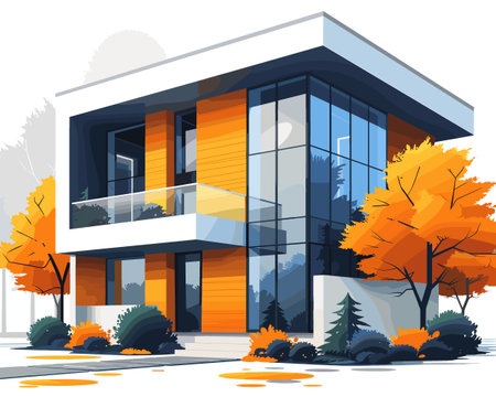 Exterior of modern house in autumn season. Vector flat style illustration.のイラスト素材