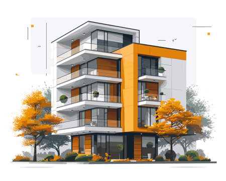 Modern apartment building on a background of autumn trees. Vector illustration.のイラスト素材