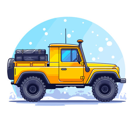 Yellow off-road vehicle in winter. Vector illustration in cartoon style.のイラスト素材