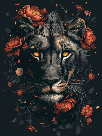 Lion head with flowers on black background. Hand drawn vector illustration.のイラスト素材