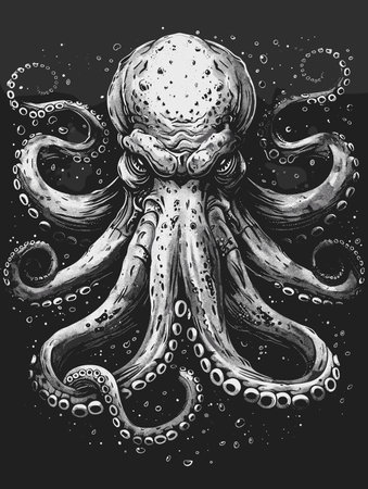 Octopus. Hand drawn vector illustration on black background. Engraved style.のイラスト素材