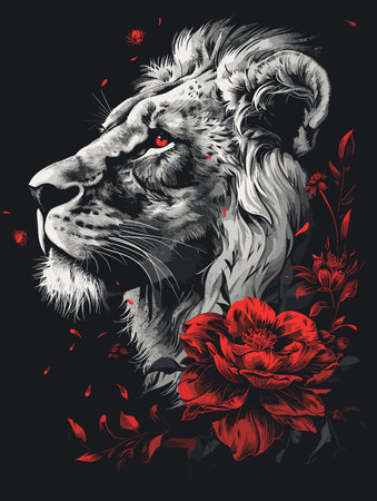 Lion head with flowers. Hand drawn vector illustration on black background.のイラスト素材