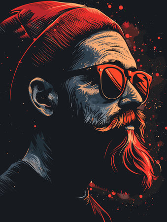 Vector illustration of hipster monkey in red hat and sunglasses on grunge backgroundのイラスト素材