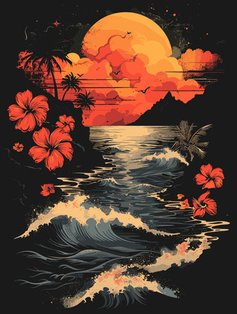 Tropical sunset and hibiscus flowers. Vector illustrationのイラスト素材