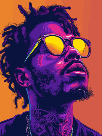 Man with dreadlocks and sunglasses is the main subject of the image. The man is wearing a black shirt and sunglasses, and his hair is styled in dreadlocks. The image has a vibrantのイラスト素材