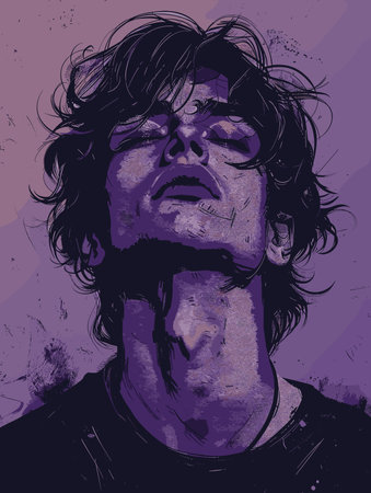 Man with messy hair and a beard is shown with his eyes closed. The image has a moody and introspective feel to it, as if the man is lost in thoughtのイラスト素材