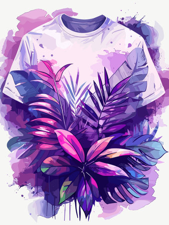 Shirt with a purple and pink leafy design on it. The shirt is white and the leaves are purple and pinkのイラスト素材