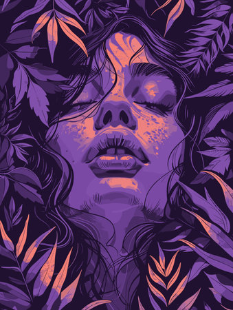 Woman's face is shown in a purple and orange background. The woman's hair is long and flowing, and she is sleeping. The image has a dreamy, ethereal quality to itのイラスト素材