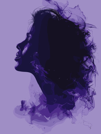 Woman's face is shown in a purple background with smoke. Scene is mysterious and etherealのイラスト素材