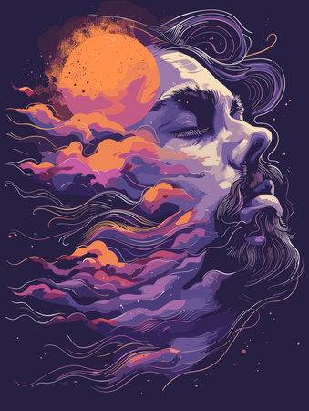 Man's face is shown with clouds and a sun in the background. The man's face is blurry and the clouds are in various shades of purple and orange. Scene is dreamy and surreal, with the cloudsのイラスト素材