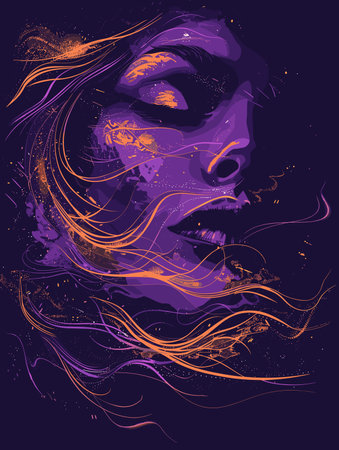 Woman's face with purple and orange hair and a mouth open. The painting is a colorful and abstract representation of a woman's face. The purple and orange hair gives the painting a uniqueのイラスト素材