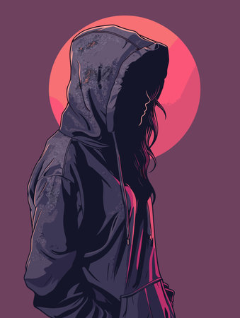 Person is wearing a hoodie and standing in front of a red circle. The image has a moody and mysterious feel to it, as the person is partially hidden by the hoodieのイラスト素材