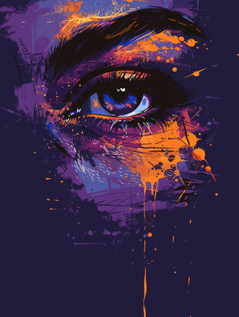 Painting of a woman's eye with a splash of orange paint. The eye is surrounded by a purple backgroundのイラスト素材