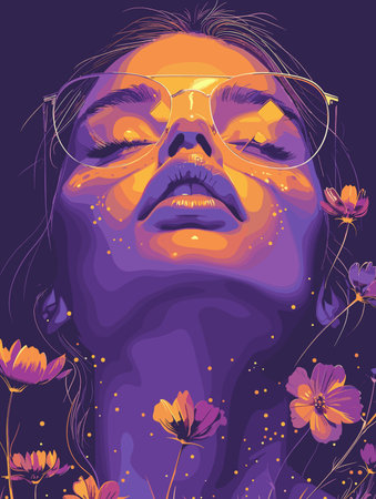 Woman with purple hair and glasses is surrounded by flowers. The image has a dreamy, ethereal quality to it, with the flowersのイラスト素材